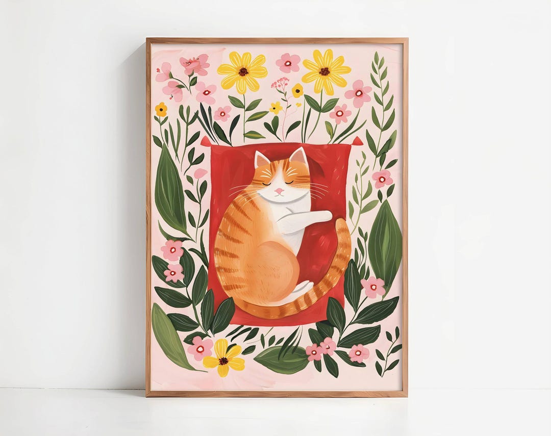 Ginger Cat Garden Art Print – Floral Wall Decor With Dreaming Cat and ...