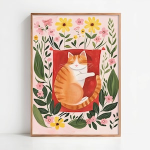 Stampa artistica con gatto rosso in giardino – Decorazione murale floreale con gatto sognante e accogliente scena naturale – “Le jardin rêveur du chat roux” – Carta di alta qualità
