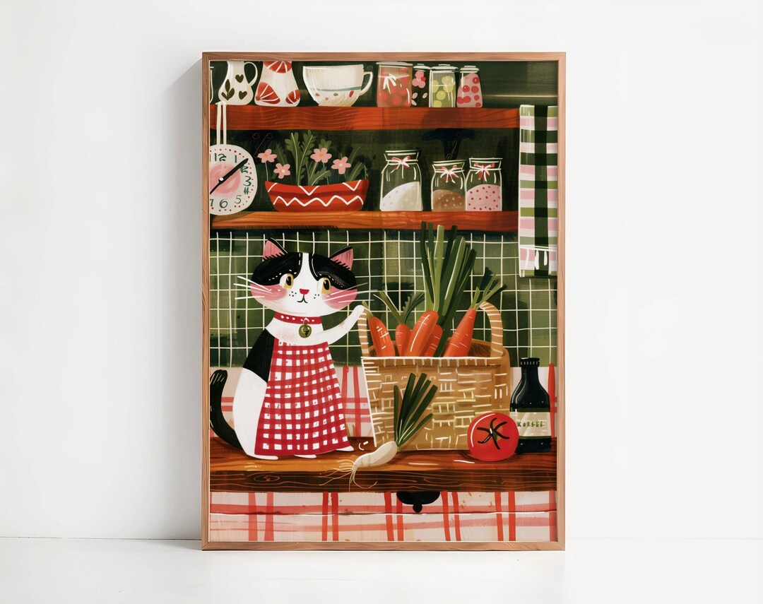 black cat chef art print: boho kitchen cooking poster... Black and White Cat Chef Poster – Cozy Cottagecore Kitchen Illustration ...