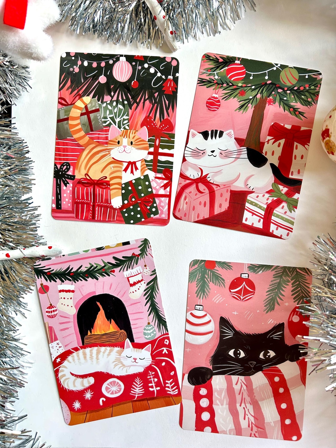 Set of 4 Christmas Greeting Cards for Cat Lovers - Festive Postcards ...
