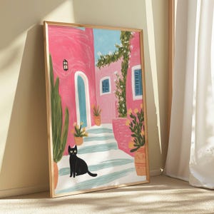 Wall art illustration &quot;Cat with a View&quot; – poetic and modern style art print – black cat traveling in Greece – poster for cozy decor