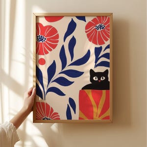 Il gatto nero e i fiori di campo – Arte murale floreale poetica – Illustrazione di un gatto accogliente – Stampa artistica – Carta di alta qualità