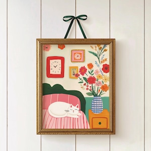 Poster con gatto bianco, accogliente decorazione per camera da letto, fiori, stile cottagecore - illustrazione murale vintage colorata - romantico e boho - carta di alta qualità