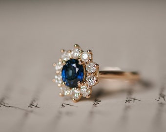 blauwe saffier ring, vintage, antieke ring, 18k, blauwe kleur, solitaire, antieke verlovingsring, helder blauw