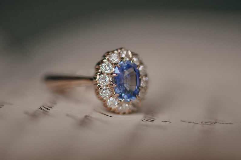 blauwe saffier ring, antieke ring, victoriaanse ring, old mine diamonds, unieke verlovingsring,natuurlijke diamant, antiek afbeelding 3