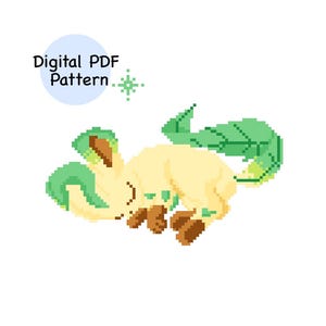 May include: Pixelated illustration of a sleeping, light yellow creature with green and brown accents. The image includes the text "Digital PDF Pattern" in a blue circle, with a green starburst graphic.