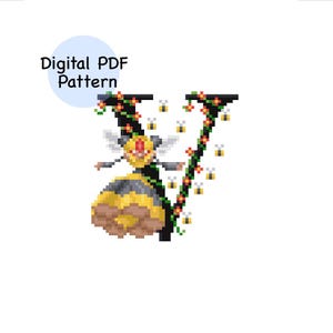 Pode incluir: Uma imagem pixelizada da letra "V" decorada com uma videira e pequenas abelhas. Um grande personagem de abelha está no centro. O texto "Digital PDF Pattern" está em um círculo azul no canto superior esquerdo.