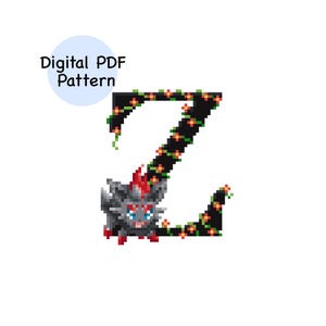 Puede incluir: Patrón PDF digital con la letra "Z" pixelada, adornada con guirnaldas florales. Una criatura gris y roja se encuentra en la base de la letra. El fondo es blanco.