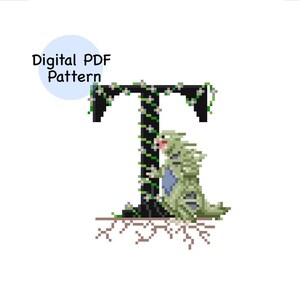Puede incluir: Imagen de un patrón PDF digital con la letra "T" pixelada en negro, adornada con enredaderas verdes y pequeñas flores blancas. Una criatura pixelada verde y azul está situada a la derecha de la letra. El texto "Digital PDF Pattern" está en un círculo azul.