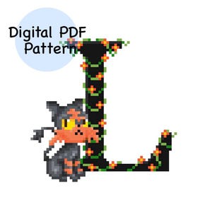 May include: A pixelated digital PDF pattern showing the letter "L" in black, decorated with vines and orange flowers. A cartoon cat with orange and black fur is next to the letter. The text "Digital PDF Pattern" is in a light blue circle.