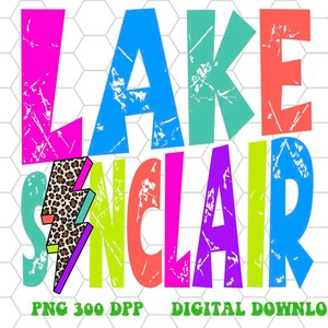 以下が含まれることがあります： 「LAKE SINCLAIR」というテキストが、かすれたフォントで書かれたカラフルなグラフィックデザイン。文字はピンク、ブルー、グリーン、パープルなど、さまざまな色で書かれています。左下の隅には、ヒョウ柄の雷が描かれています。