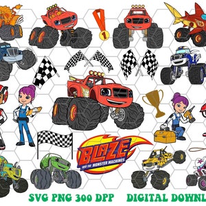 Può includere: Una collezione di grafiche digitali di Blaze e le Mega Macchine con vari monster truck rossi, blu, verdi e gialli, bandiere a scacchi, un trofeo d'oro, una medaglia numero uno e i personaggi AJ e Gabby con il testo Blaze and the Monster Machines.