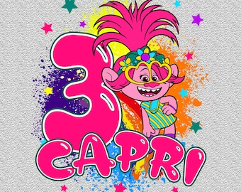 Custom Trolls Name and Age Birthday girl design Sublimation design png
