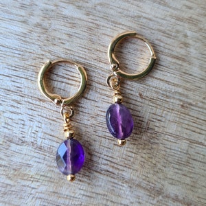 &quot;Éléa&quot; Amethyst earrings, mini hoop earrings with an Amethyst or Eagle&#39;s Eye stone, gilded with fine 24kt gold, women&#39;s gift, gem earrings