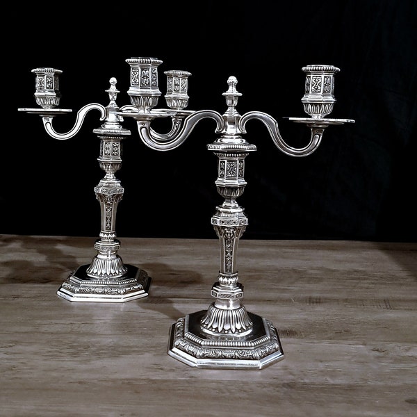 Christofle Paris Candle Holders / Chandeliers, Two Branch Vintage Model Duperier Finished with Silverplate.