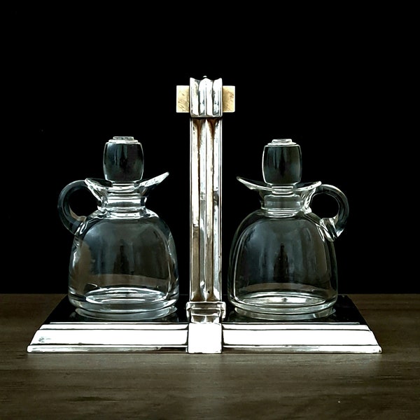 Christofle Paris, Gallia Production Oil and Vinegar Service, Early Century Art Deco Crystal and Silverplate.
