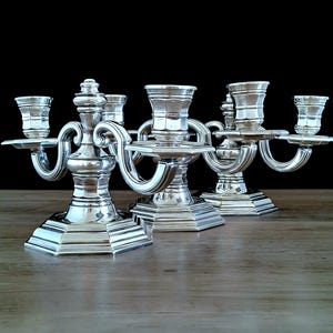Christofle Paris Chandeliers / Candlestick Holders Rare Set of Three, Two Burner, 20th Century Vintage Louis XIV Style in Silverplate.