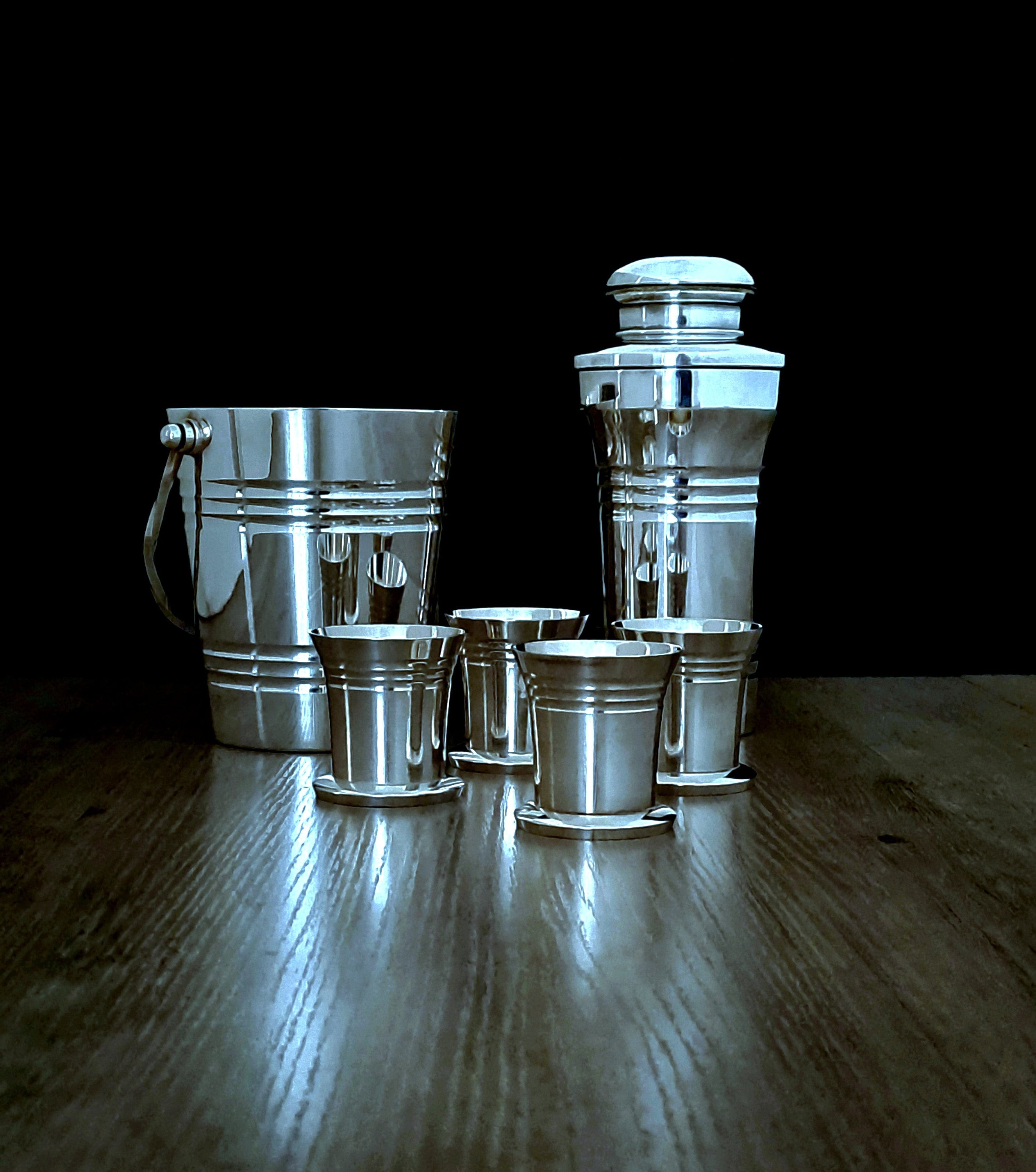 ST Medard Cocktail Shaker Set, 20th Century Art Deco Finished with Brilliant Silverplate.