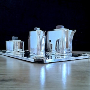 Vintage Tea and Coffee Set / Service by Ercuis Paris. 1930s Art Deco with Silverplate and Solid Wood.