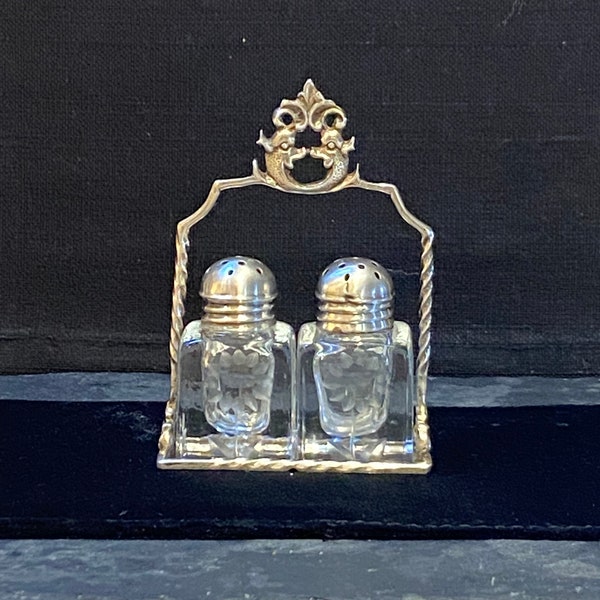 Antique Salt and Pepper Shakers In Cut Crystal Complete Vintage Silver Display Presenter.