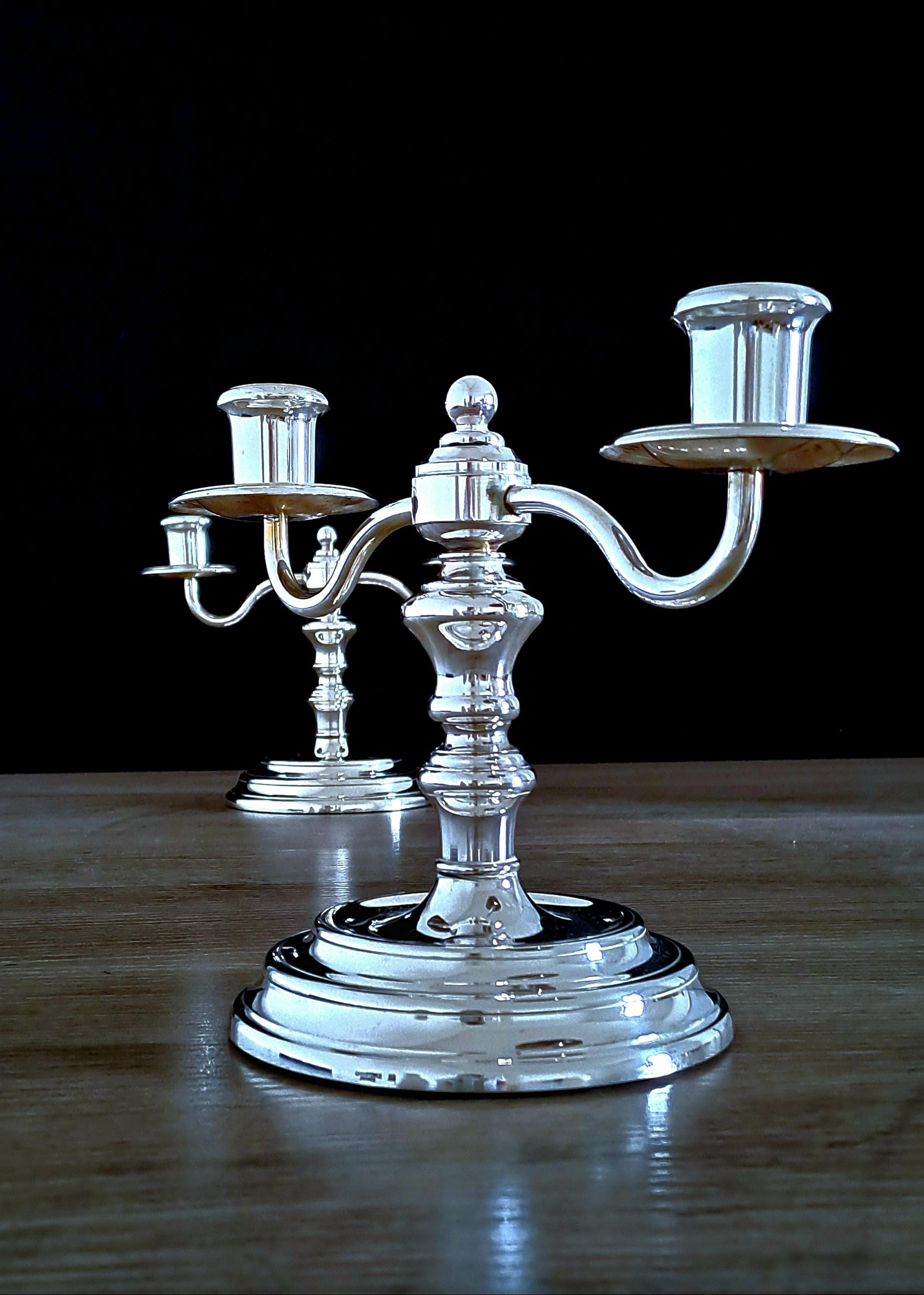 Christofle Paris Chandelier / Candlestick Holders Set of 2, Two Branch 20th Century Vintage Model Albi Finished with Brilliant Silverplate.
