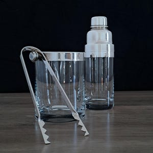 Fleuron France (Christofle Paris Subsidiary) Cocktail Shaker / Ice Bucket Bar Set. Rare Mid-20th Century Crystal and Silverplate.