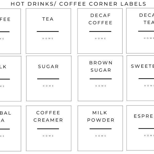 Coffee corner printable labels hot drinks ready to print labels A4 size