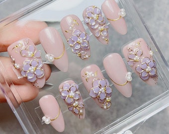 Purple Flower Press On Nail Set, Luxury Fake Nails,  Hand-Made, Hand-Carved, Reusable, Almond Nails