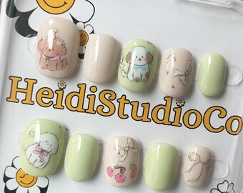 Cute Pet Dog Press On Nails, Fake Nails, Luxury Hand-Made, Reusable, Almond/Coffin/Square/Stiletto Nails