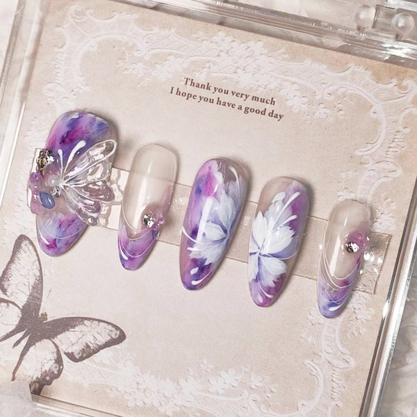 Purple Flower and Butterfly Press On Nail Set, Fake Nails, Luxury Spring Hand-Made, Reusable, Almond/Coffin/Stiletto Nails