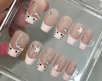 Cute Cat Pet Press On Nails, Kitten Fake Nails, Luxury Hand-Made, Reusable, Almond/Coffin/Square/Stiletto Nails