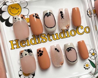 Uñas postizas con forma de gato jengibre, uñas postizas de gatito, uñas de lujo hechas a mano, reutilizables, de almendra, de ataúd, cuadradas o de aguja