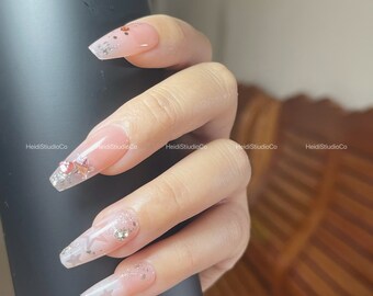 Pink Star Bling Press On Nail Set, Fake Nails, Luxury Star Hand-Made, Reusable, y2k Coffin Nails