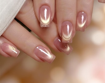 Handmade Cat Eye French Luxury Press On Nails - Reusable Fake Nails