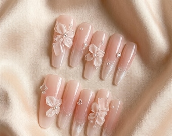 Handmade 3D White Flower Cat Eye Press On Nails - Reusable Fake Nail