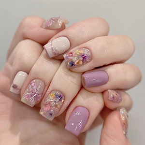 Handmade Purple Compositions Press On Nail Set, Spring Fake Nails, Luxury Hand-Made, Reusable, Almond/Coffin Nails