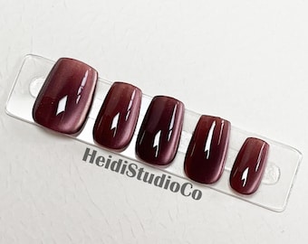 Ensemble d'ongles oeil de chat marron fait main luxe automne - Clou de cercueil court réutilisable