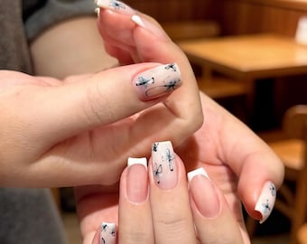 Handmade Blue Flower White French Press On Nails - Reusable Luxury Fake Nails