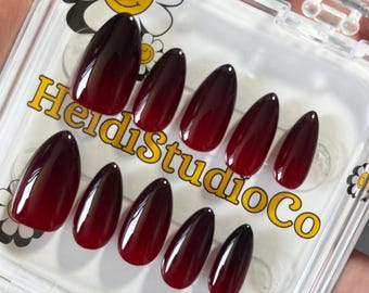 Blood Red and Black Press On Nails, Fake Nails, Luxury Hand-Made, Reusable, Almond/Coffin/Square/Stiletto Nails