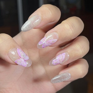 Purple Butterfly Press On Nail Set, Hand-painted Fake Nails, Luxury Cat Eye Hand-Made, Reusable, Almond/Coffin/Square/Stiletto Nails