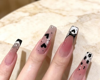 Handmade Black Heart Blush Press On Nails - Reusable Fake Nail