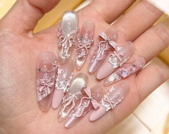 Handmade 3D Bow Cat Eye Pink Press On Nails - Reusable Fake Nail