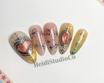 Uñas postizas reutilizables de almendra con diseño de corazón rosa 3D de princesa dulce, hechas a mano.
