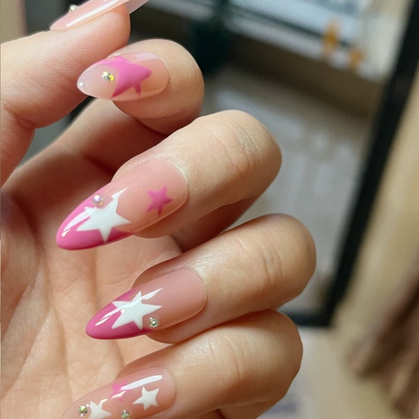 Baby Pink Star French Press On Nail Set, Y2k Fake Nails, Luxury White Hand-Made, Reusable, y2k Long Almond Nails