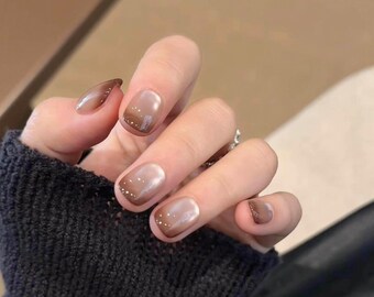 Handmade Brown Cat Eye Luxury Press On Nails - Reusable Fake Nail