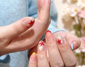 Handmade Red Star Cat Eye Press On Nails - Reusable Luxury Fake Nails