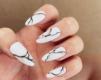 White Marble Texture Press On Nail Set, Fake Nails, Luxury Black Hand-Made, Reusable, Almond/Coffin/Stiletto Nails