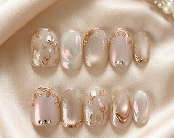 Handmade Pearl White Cat Eye Luxury Press On Nails - Reusable Fake Nail