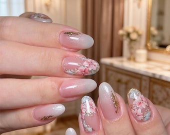 Handmade Spring Pink Flower Press On Nails - Reusable Fake Nail