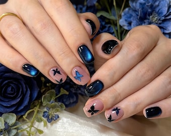 Handmade Blue Butterfly Cat Eye Luxury Press On Nails - Reusable Fake Nails